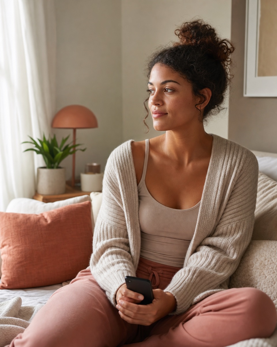 Woman relaxing at home with a phone